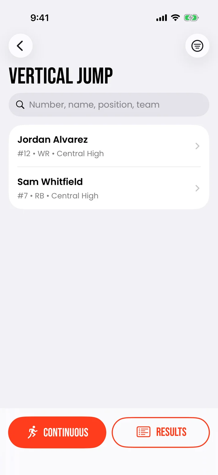 Athletes for the vertical jump station, with numbers, positions and schools