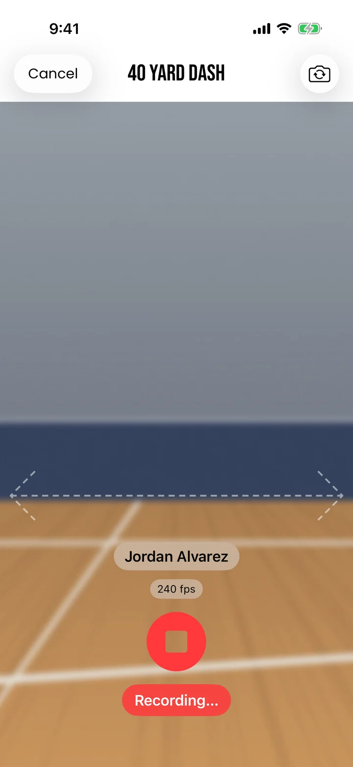 40-yard dash camera screen with a dashed lane showing the run's path