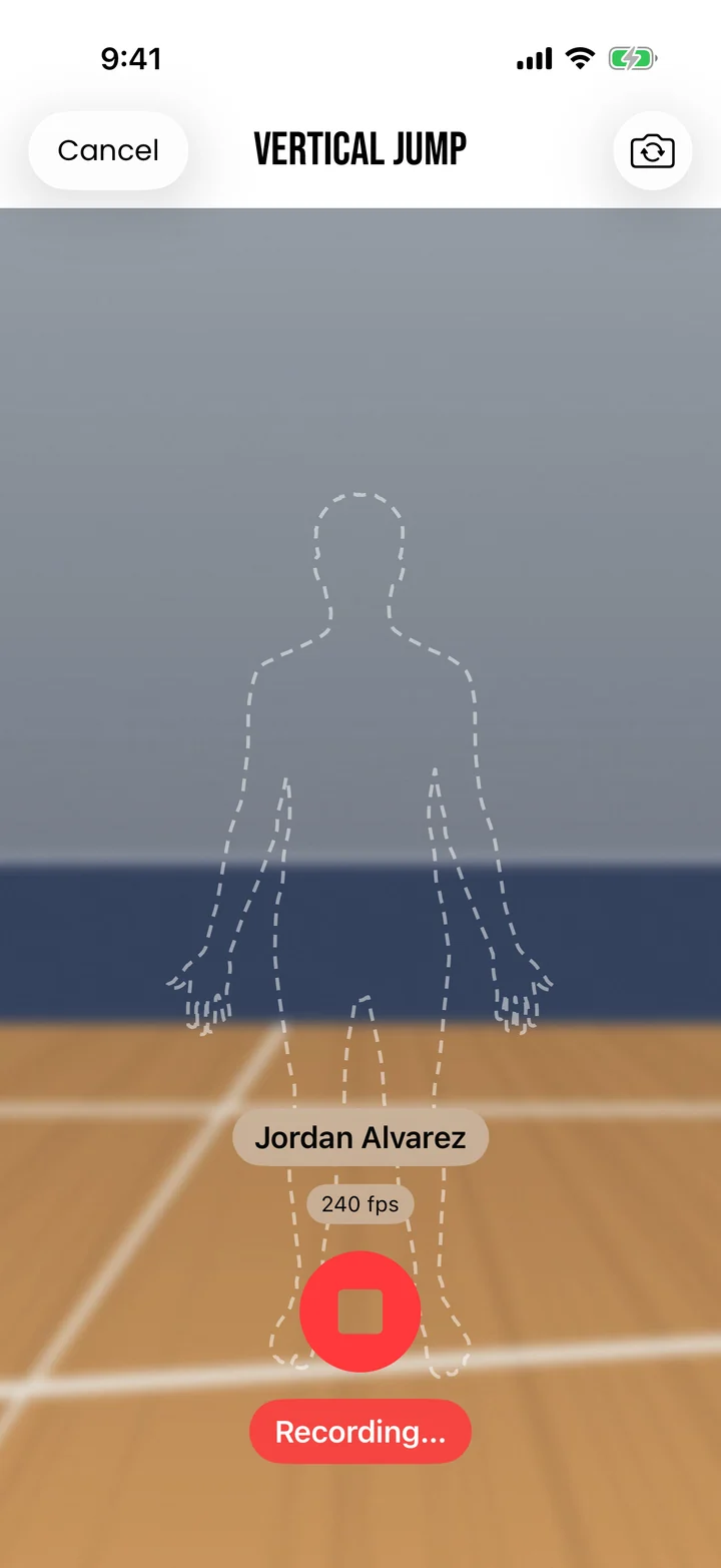 Vertical jump camera screen with a dashed body outline showing where the athlete stands