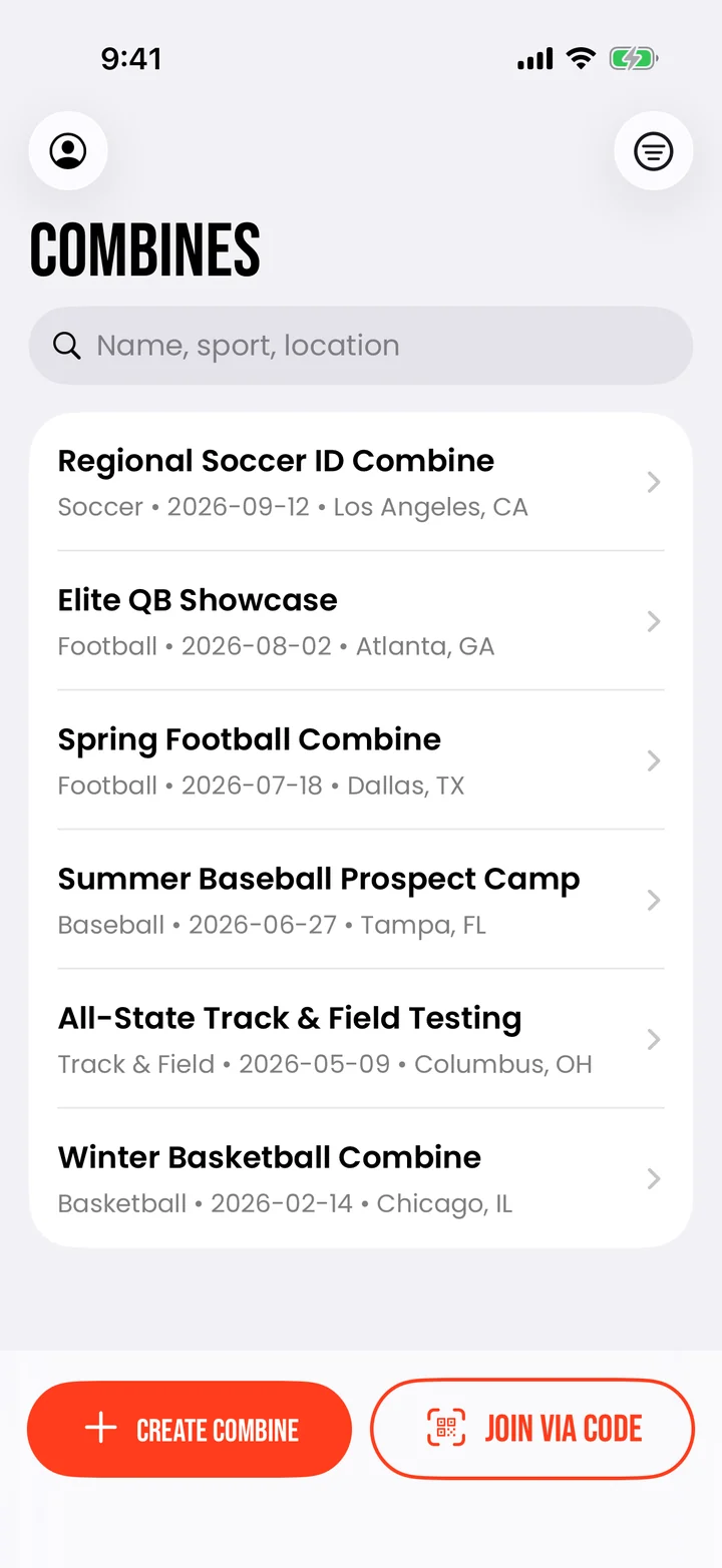 List of upcoming combines with sport, date and city