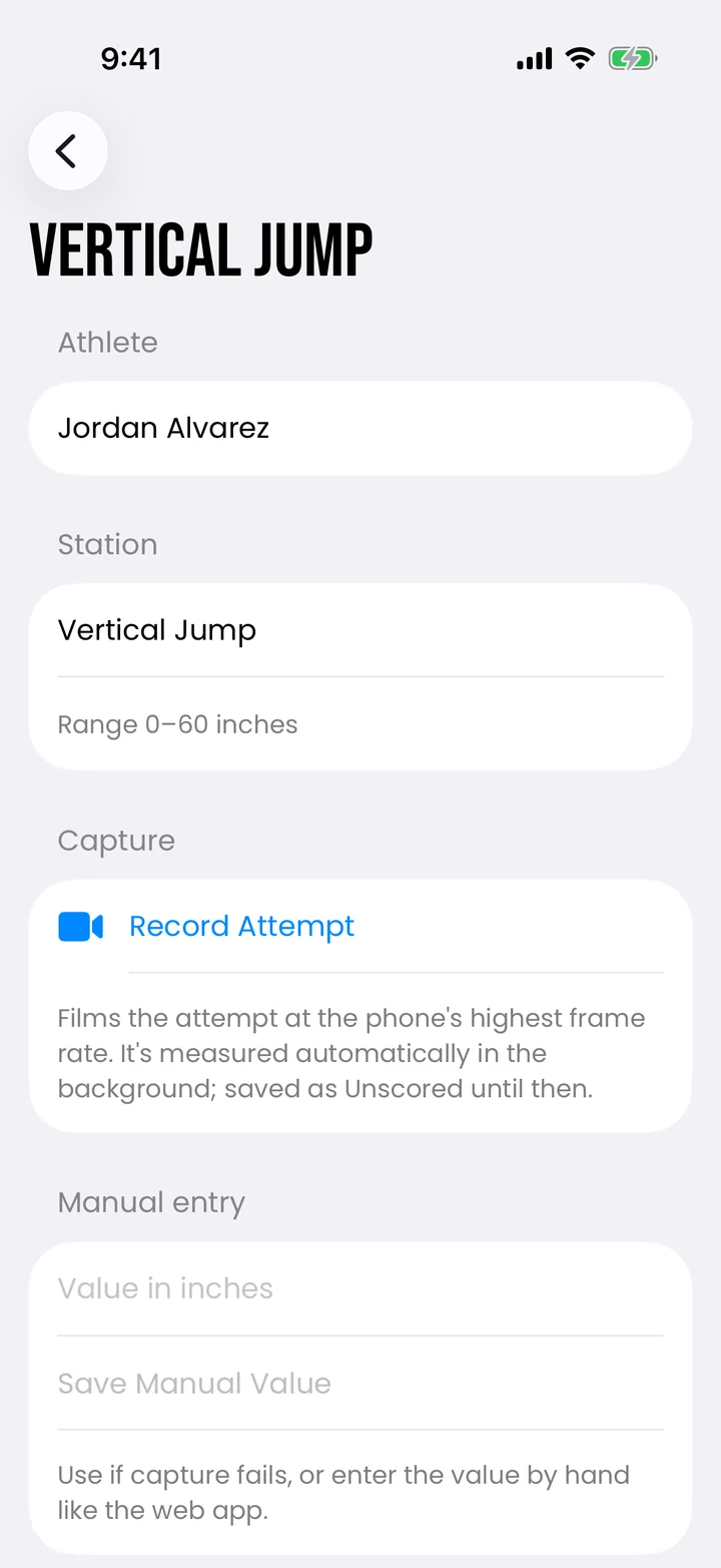 Record Attempt screen with the athlete, station range, capture button and manual entry