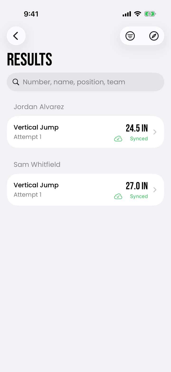 Results screen listing each athlete's vertical jump and its sync status