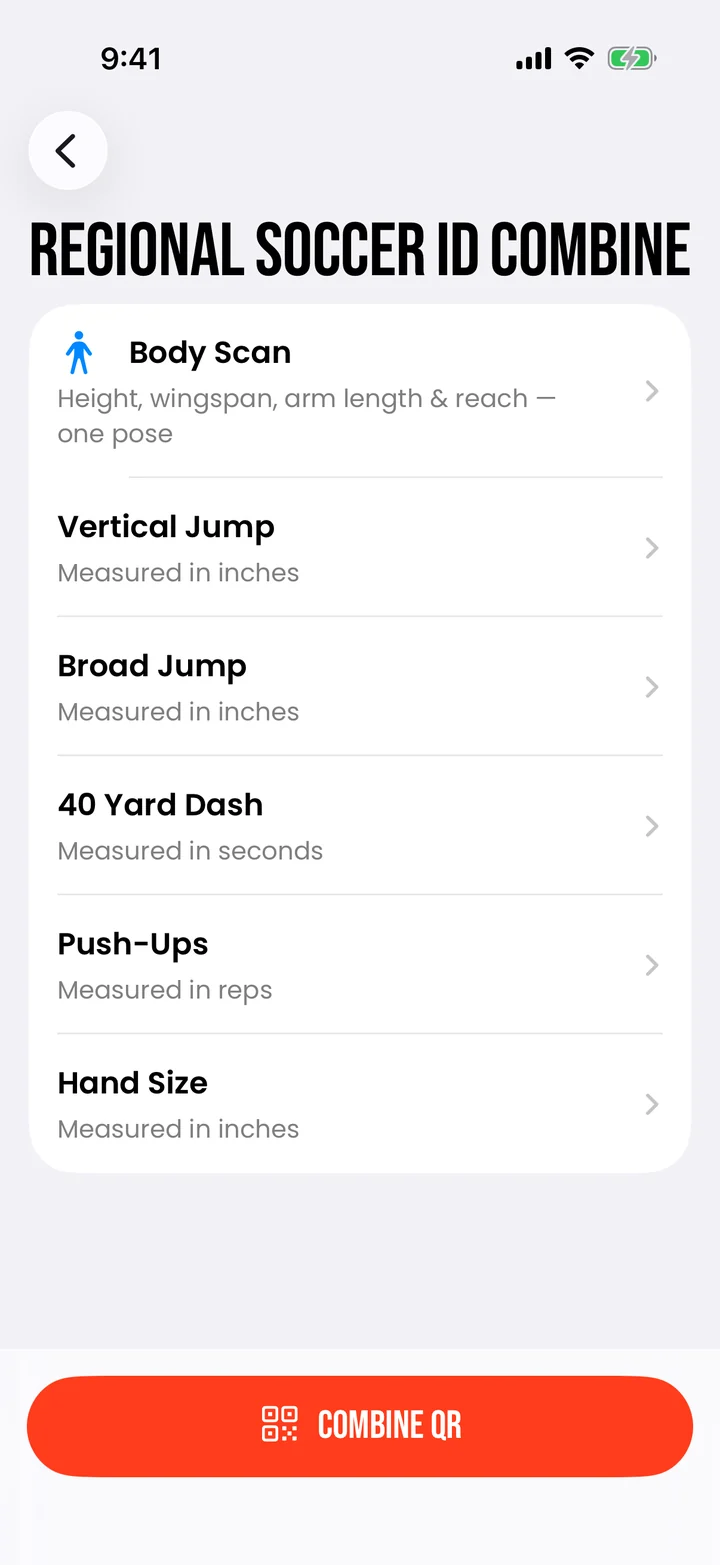 Stations for one combine: body scan, vertical jump, broad jump, 40-yard dash, push-ups, hand size